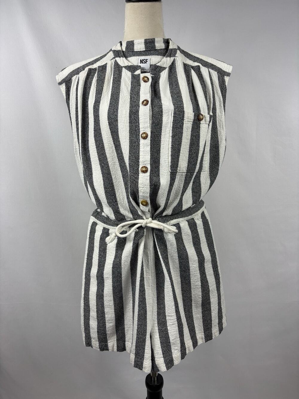 NSF Sue Romper White Blue Stripe Small Sleeveless Drawstring Waist Shorts